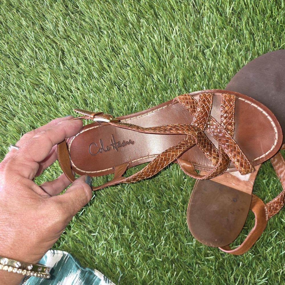 Cole Haan Sandals Women 6 Brown Leather Woven Strappy Slingback Buckle Flat - Picture 7 of 10